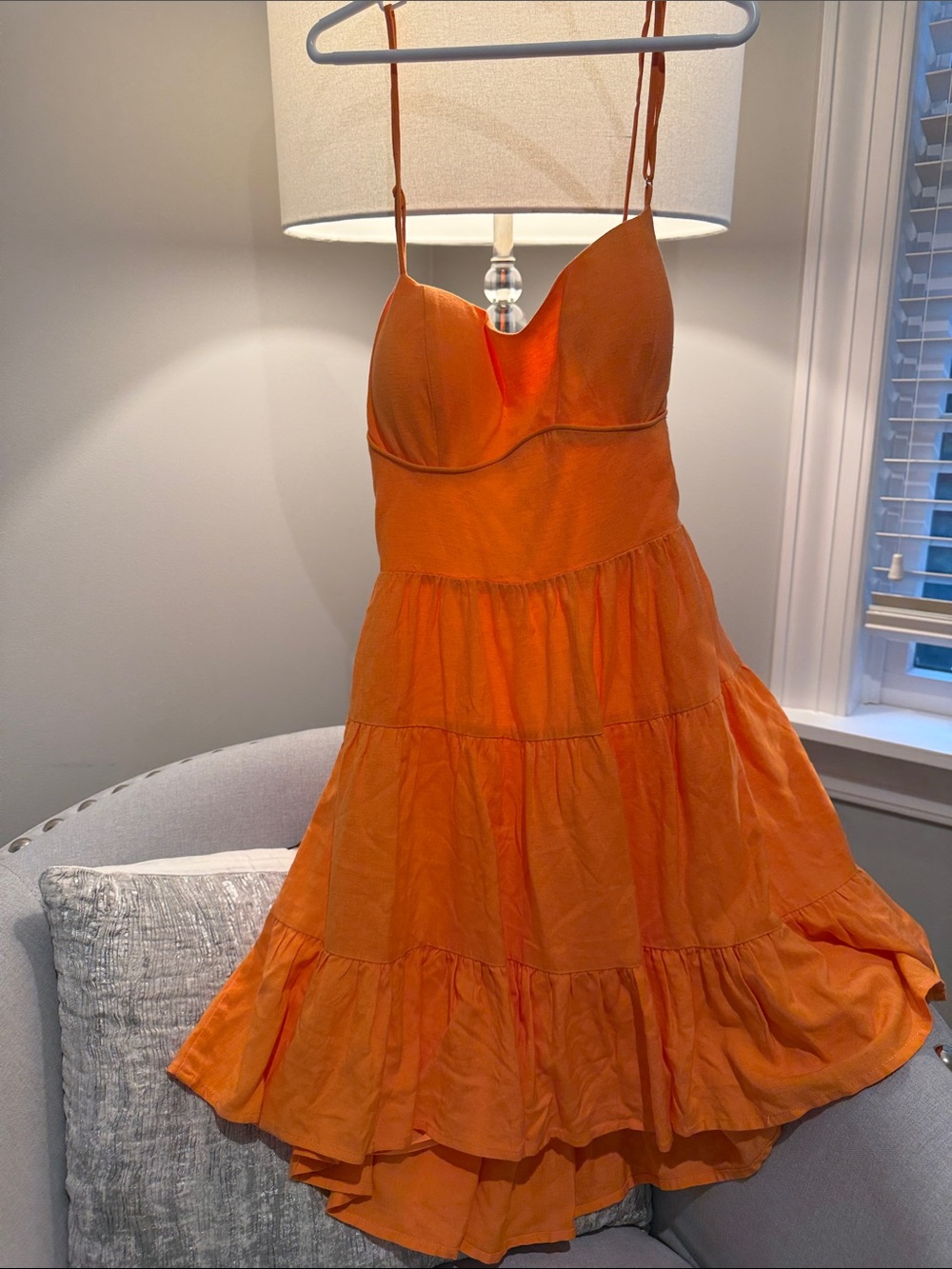 Sunday’s Orange Tiered Spaghetti Strap Mini Dress